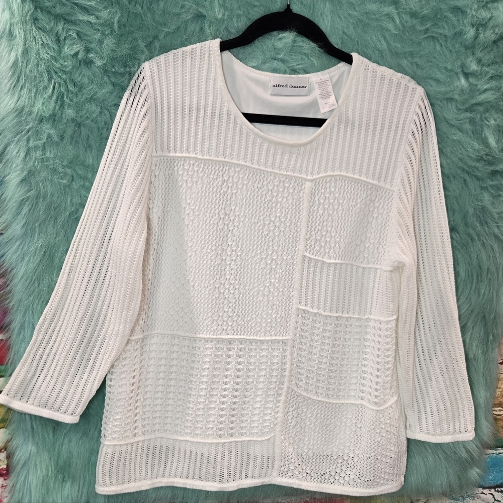Alfred Dunner White Long Sleeve Cable Knit Sweater Size L